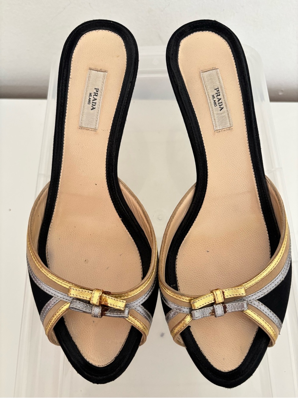 Prada Black, Gold & Silver Open-Toe Slide Embellished Heels - Picture 4 of 7